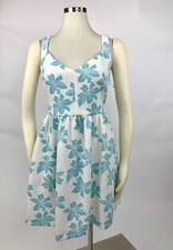 ZARA Trafaluc White Light Blue Textured Floral Fit Flare Dress Medium Excellent