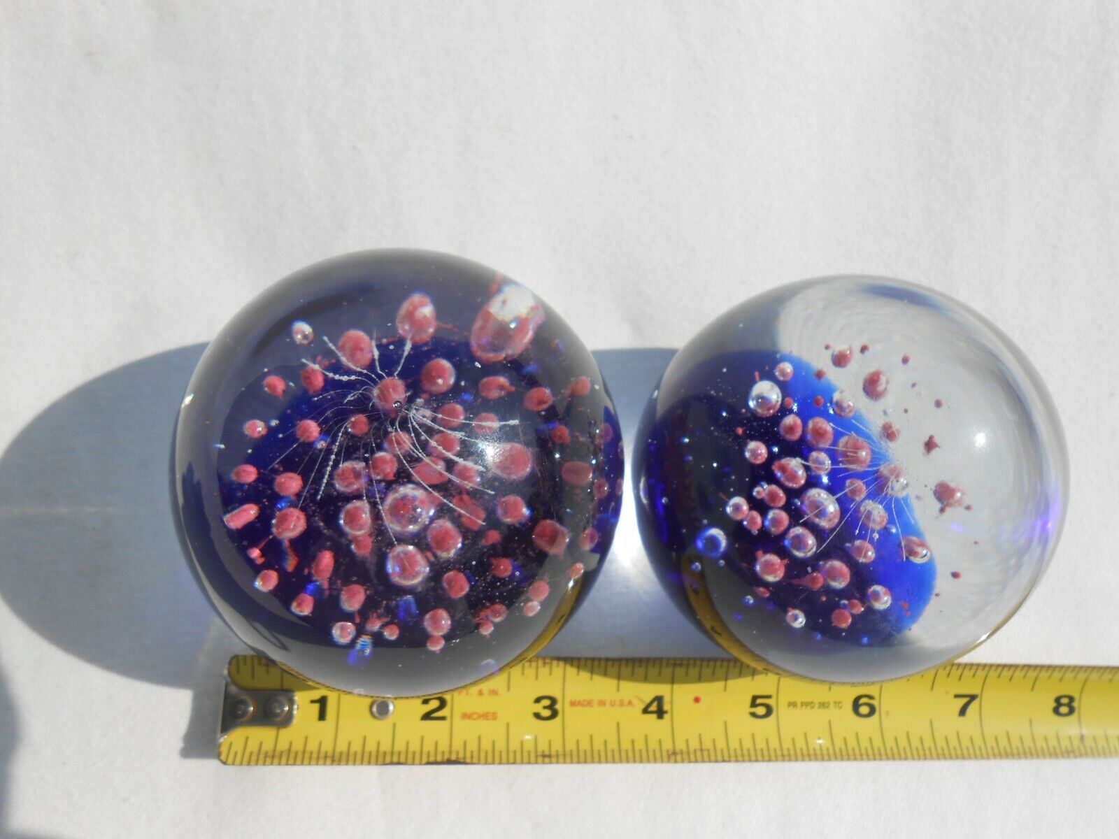 Vintage Pair Glass Paperweight Oval Controlled Bubble Spider Web