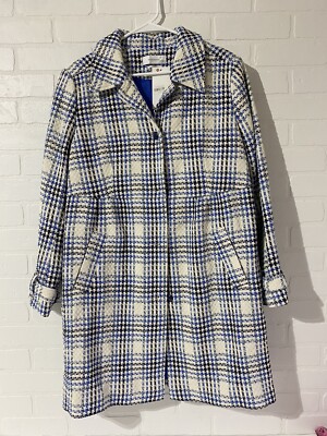 NEW Reserved Clothing Longline Coat Plaid HEAVY White/Black/Blue Size 12
