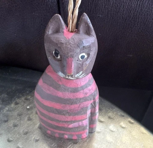 Hand Painted Folk Art Wooden Cat Pink Ornament Horizontal Stripes 3”