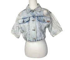Jordache Denim Romance Jacket Womens Medium Cropped Lace Hearts Short Sleeve