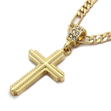 14k Gold Plated Braided Cross Pendant 24" Figaro Necklace Chain Cubic Zirconia