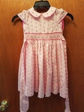 5 girl dress smocked by FRIENDS pink tulip design 24 3/4" centerback tie belt