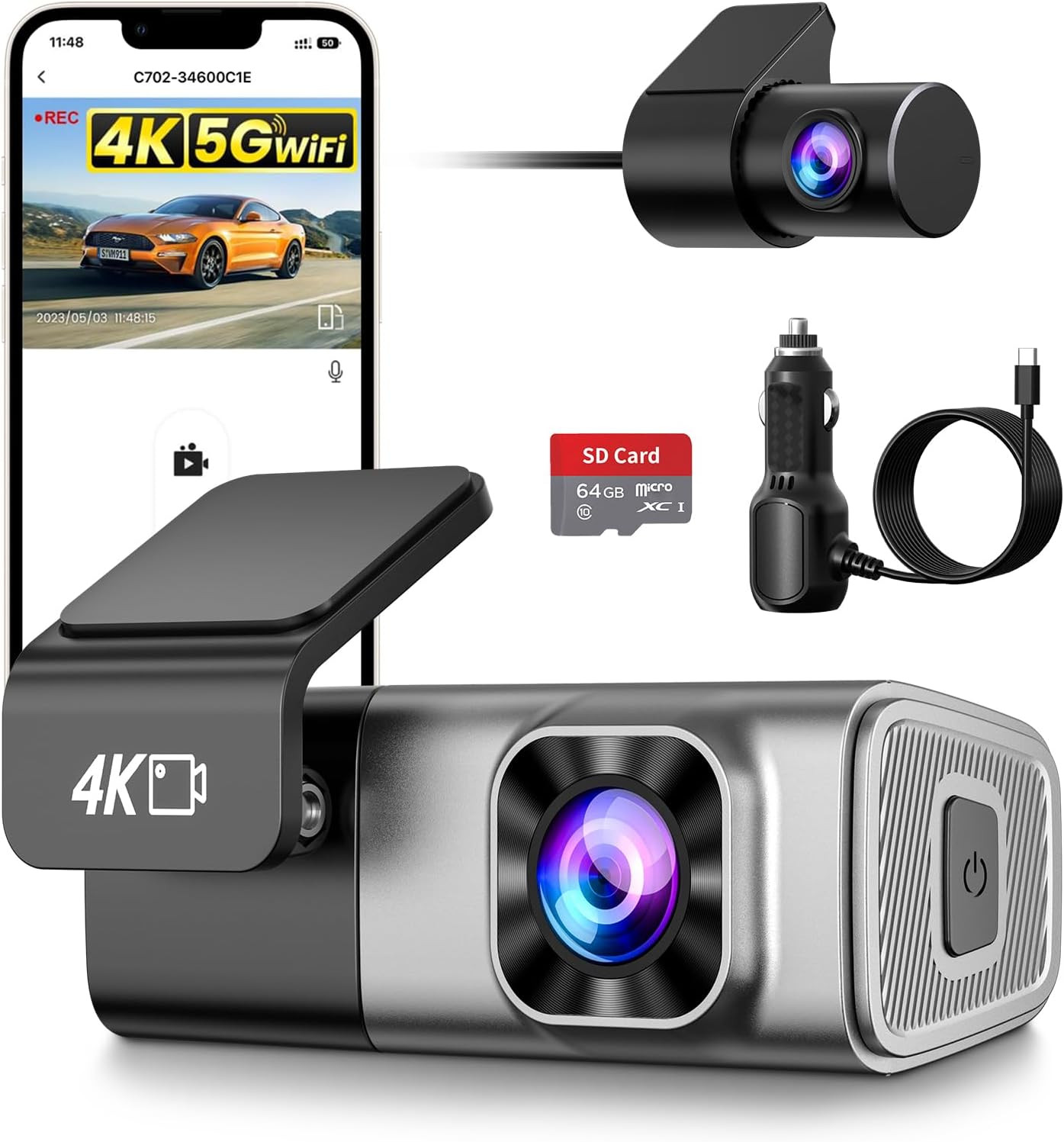 Dashcam 4K ultra HD système de surveillance avant et arrière en finition noir mat premium