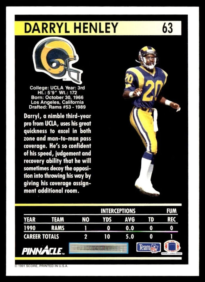 1991 Pinnacle Darryl Henley Rookie Los Angeles Rams #63 - Image 2 of 2
