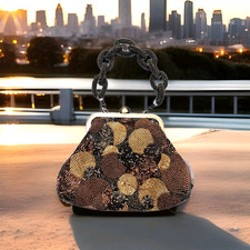 Inge Christopher Geometric Black Gold Brown Beaded Abstract Evening Purse Bag