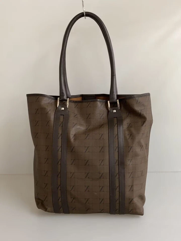 Sac fourre-tout Ermenegildo Zegna cuir marron motif intégral utilisé C - Photo 3/4