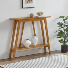 Kings Brand Furniture - Console Table, Narrow Sofa Table with Shelf, Honey Ginge