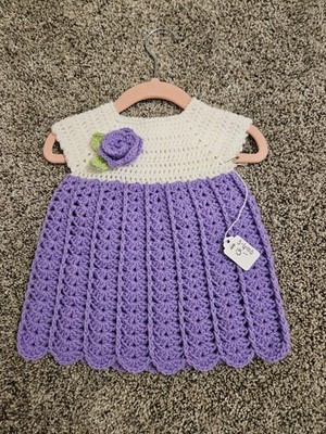Handmade Purple & White (3-6mo) Crochet Baby Dress with Purple Flower Detail