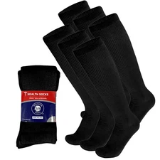 6 Pairs Diabetic Over The Calf Knee-High Cotton Socks, Black, Fits Men's Shoe