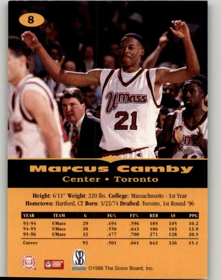 1996-97 Score Board All Sport PPF Marcus Camby #8 Toronto Raptors - Image 2 of 2