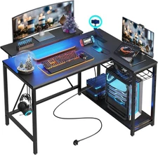 Bestier Gaming Desk with Power Outlets, 42" L-Shaped Computer Desk w/ LED Lights