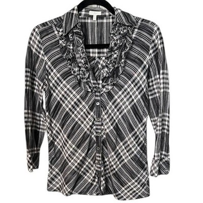Joie Blouse Black White Plaid Ruffle V-neck Cotton Button Down 3/4 Sleeve - XS