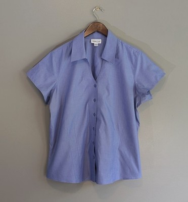 Coldwater Creek Womens 1X Blue Short Sleeve Button Down Shirt Camp Collar Blouse