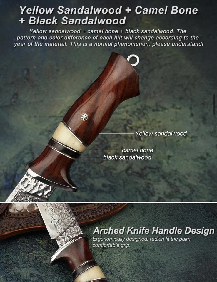 Mango de palo de rosa y hueso, hoja fija, cuchillo Bowie Foto 3 de 4