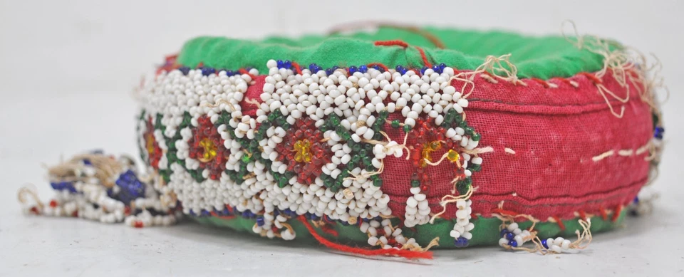 Antiguo soporte para maceta anillo redondo de tela original cuentas antiguas hechas a mano trabajo Foto 4 de 4