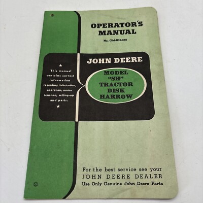 John Deere Operators Manual Tractor Disk Harrow Model SH Book