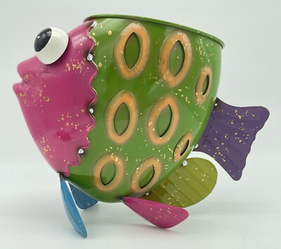 Marigold Green Metal Painted Fish Indoor Outdoor Garden Planter EUC