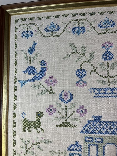 VTG Hand-Sewn Needlework Sampler House Birds Basket of Flowers Americana 24x18 - Picture 5 of 10