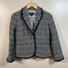 J. Crew Lady Jacket Blazer Size 2 Blue Tweed Fringe Trim Preppy Work Career