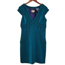 Alberto Makali Blue Wool Blend Dress with Embellished Black Piping Accents Sz 12