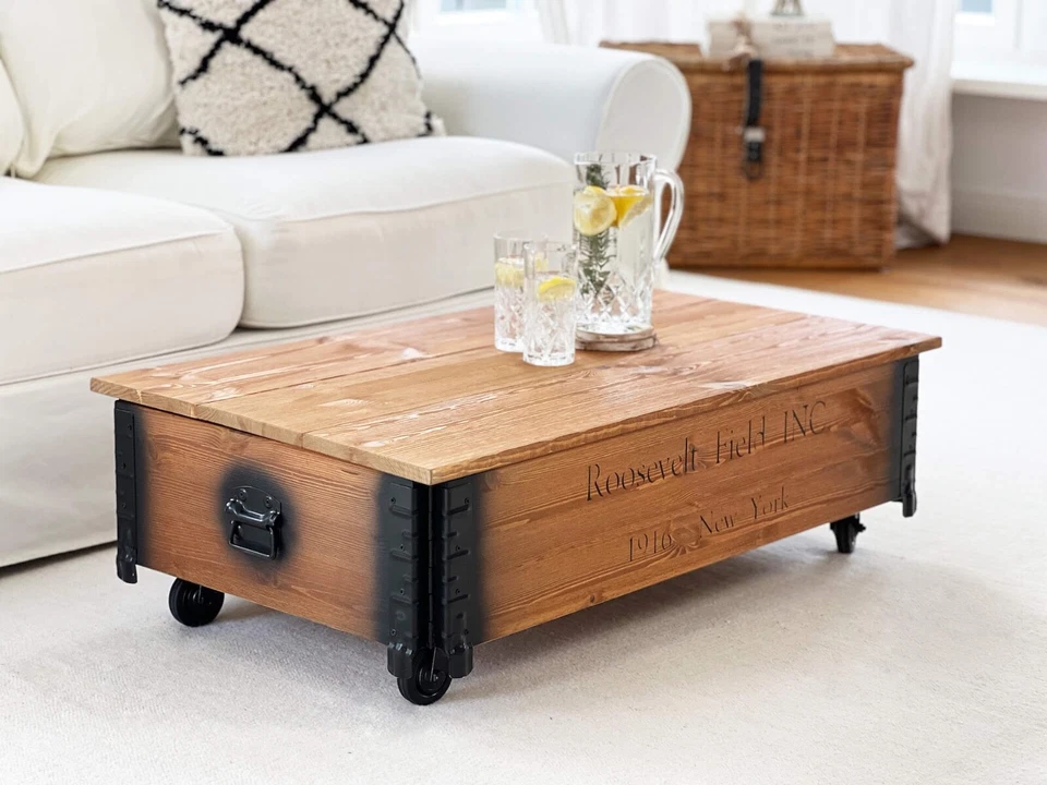 Table Basse Coffre Table de Salon Bois Massif Vintage Shabby Loft Ancienne - Photo 2/4