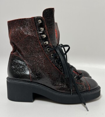Vtg Chanel Black Red Crackle Leather CC Logo Combat Boots 36.5 | eBay