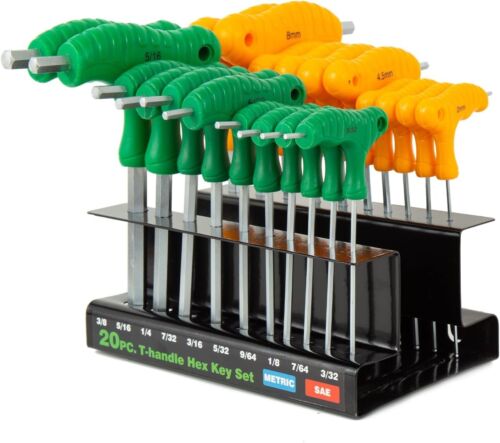 20 pc. SAE And Metric T Handle Allen Wrench Hex Key Set Long w/ Storage Stand