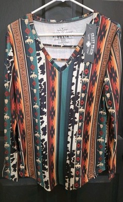 NWT Crazy Train Aztec Western Knit Long Sleeve Top V Neck Multicolor Size S