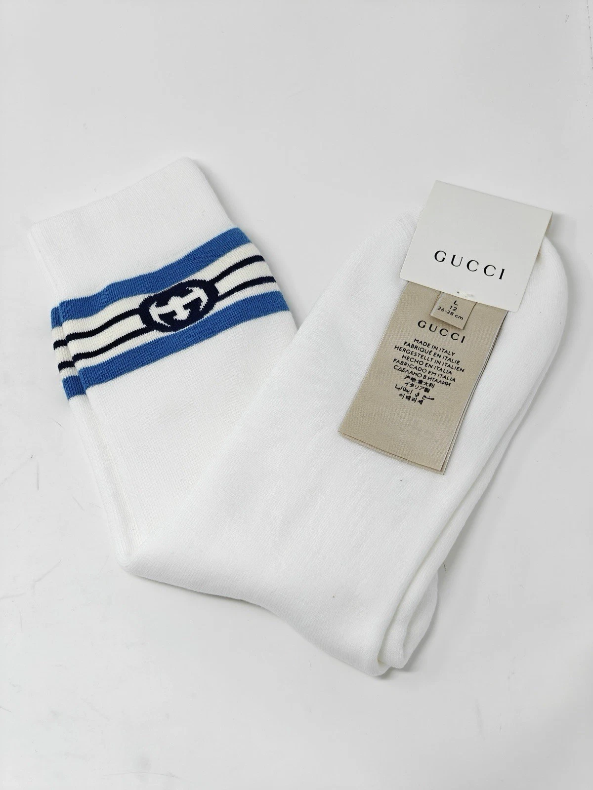 Gucci Socks White Blue Stripes Large GG 2500