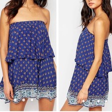 Faithfull the Brand Small Mini Sun Dress Strapless Blue Floral Ruffle Floral