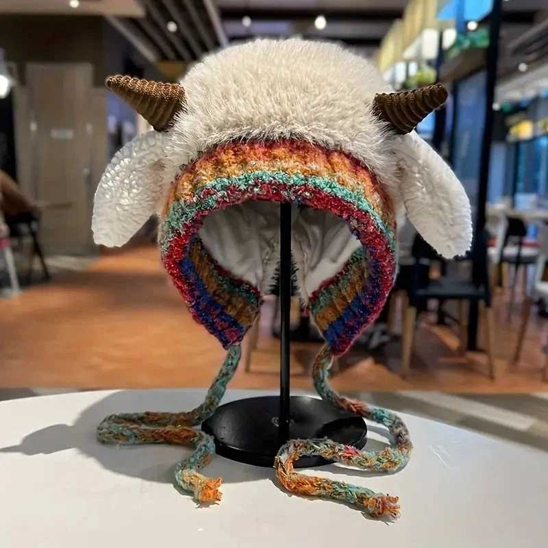Handmade Fuzzy Horned Ram Winter Hat Animal Ear Fluffy Beanie