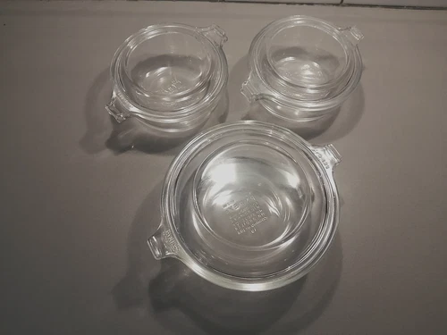 3 Vintage PYREX Clear Glass Casserole Dishes with Lids 2 #018, 1 #019