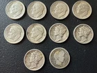 3 Mercury 6 Roosevelt 1 Barber Dime Mix lot - 10 Coins 90% Silver.