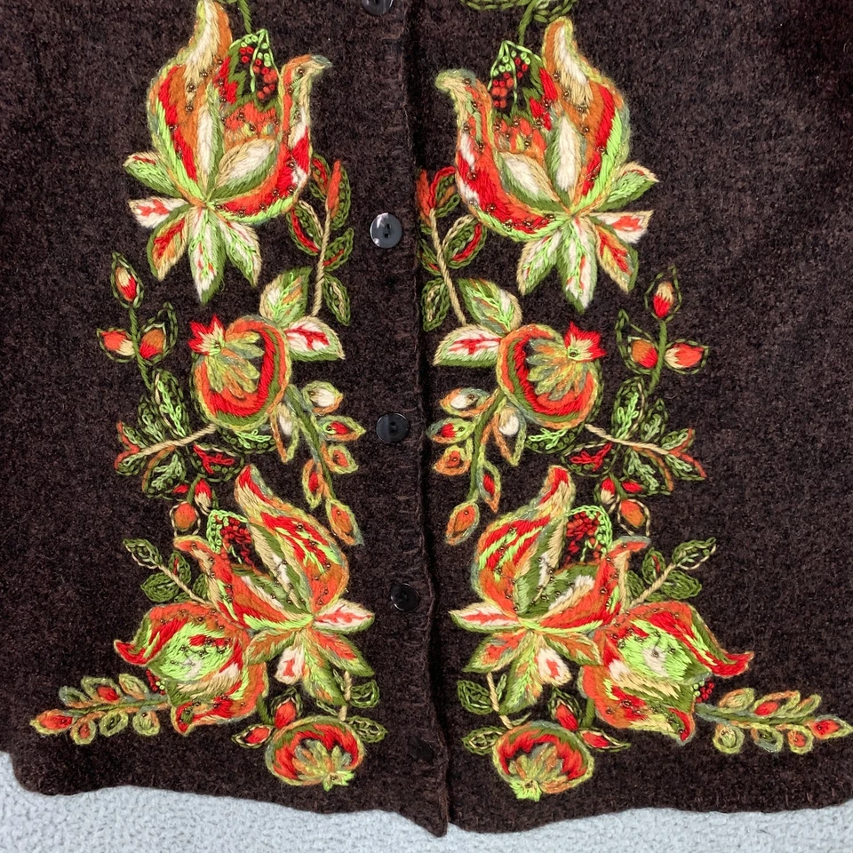 VTG Susan Bristol Cardigan Sweater Plus 2W Brown Hand Embroidered Floral Rare - Image 4 of 4