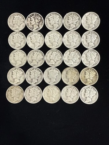 Mercury Dimes Mixed Dates 90% Silver 25 Coins Lot