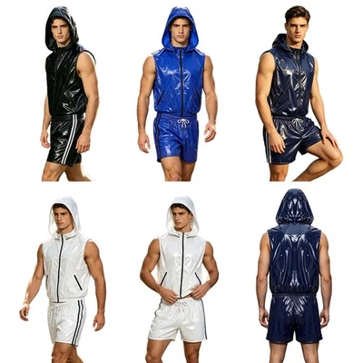 Herren Weste Und Shorts Glänzend Wasserdicht Sweatshirt Trainingsanzug Fitness - Bild 1 von 4