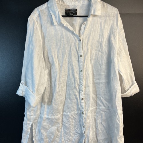 Camisa túnica Tahari 100 % lino para mujer talla 2X blanca manga larga con lengüeta enrollable XXL
