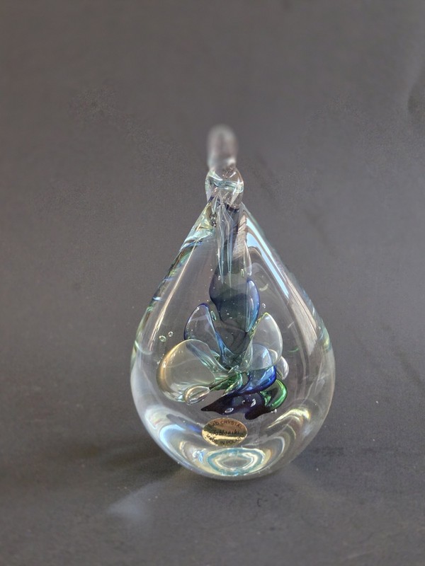 Adam Jablonski Crystal Art Glass Teardrop Blue & Green Twist Paperweight Signed