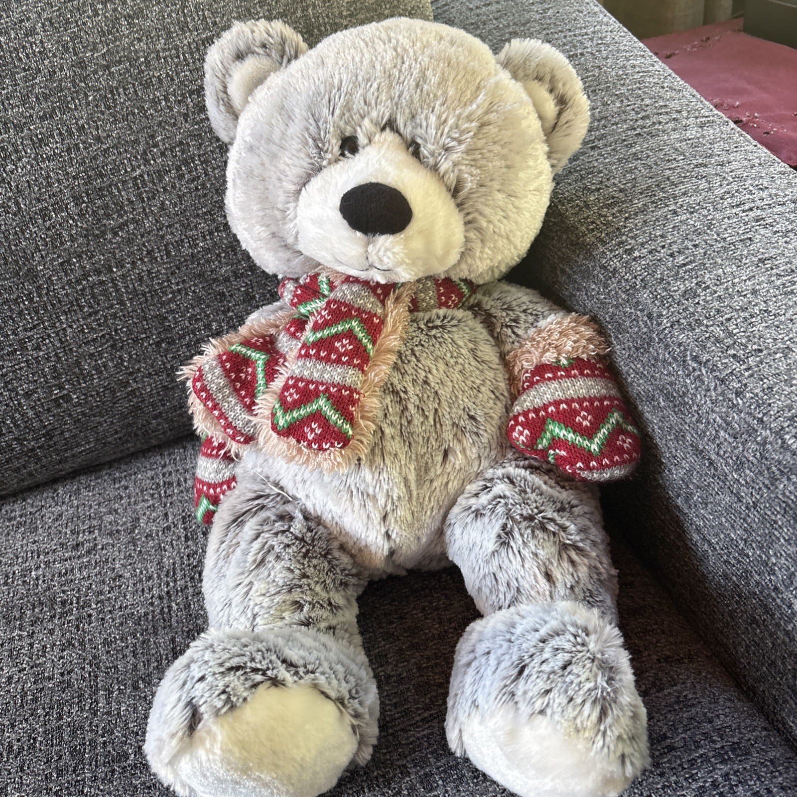 Plush Gray Teddy Bear Christmas Scarf Mittens Stuffed Animal Toy Kids Gift 18"