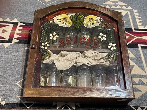 Vintage Floral Spice Cabinet Glass Door 12 Jars Labels Included