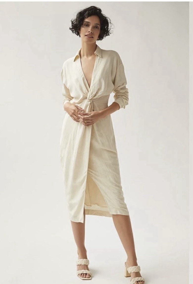Anthropologie Linen Blend Midi Dress Womens Size 6 Twist Front Beige Long Sleeve