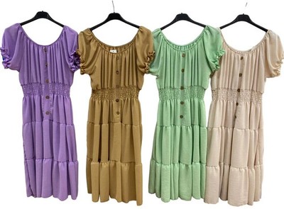 Schulterfreies elastisches Damen-Midikleid Bardot magische Knöpfe Sommer Kittel Stufen