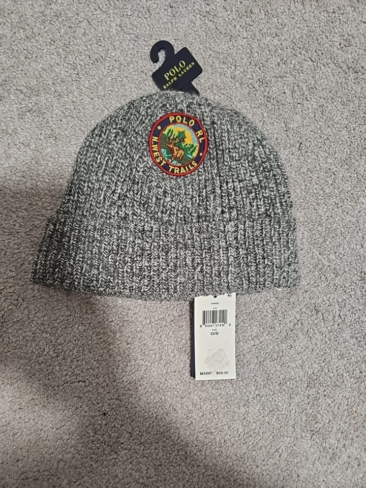 Polo Ralph Lauren Fisherman’s Multi Patch Beanie Hat Gray One Size NWT  - Image 2 of 3