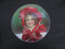 ANTIQUE FLUE HOLE COVER VIBRANT GIRL RED BONNET & ROSES 9 1/2" UNMARKED