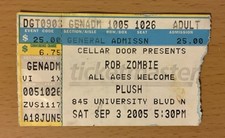 2005 ROB ZOMBIE EDUCATED HORSES TOUR PLUSH JACKSONVILLE 9/3 CONCERT TICKET STUB