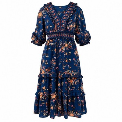 Max Studio Floral Midi Dress M Blue Boho Smocked Waist Ruffle Sleeve