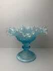 Fenton Diamond Lace Pattern Opalescent Ice Blue Crimped Pedestal Compote