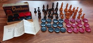 Lot of Vintage 32 Wooden Chess and 46 Plastic Checker Pieces
