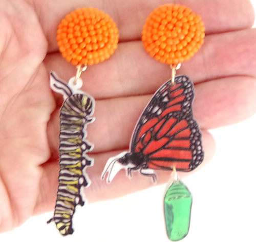 2.75" ASYMMETRICAL MONARCH BUTTERFLY CATERPILLAR COCOON DANGLE ACRYLIC EARRINGS - Picture 2 of 17